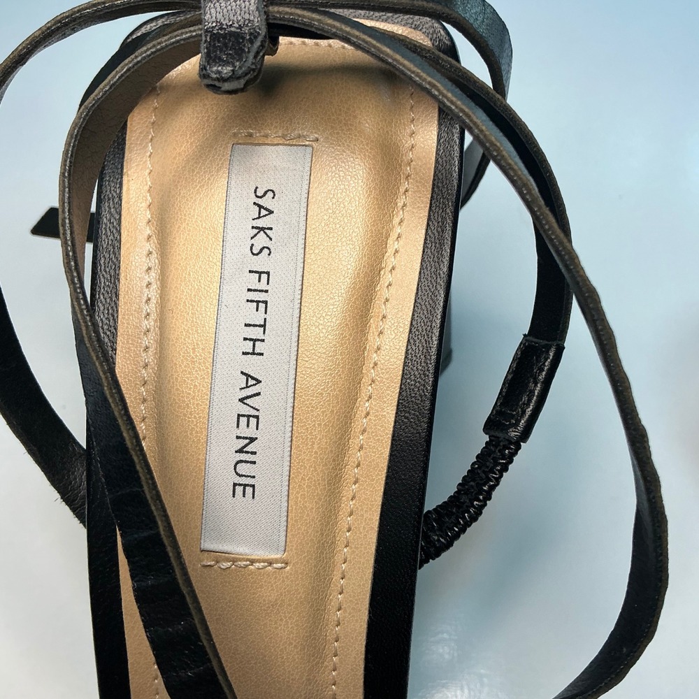 Saks Fifth Avenue Black Leather Strappy Square Toe Triangular Block Heel Sandals - Picture 2 of 12